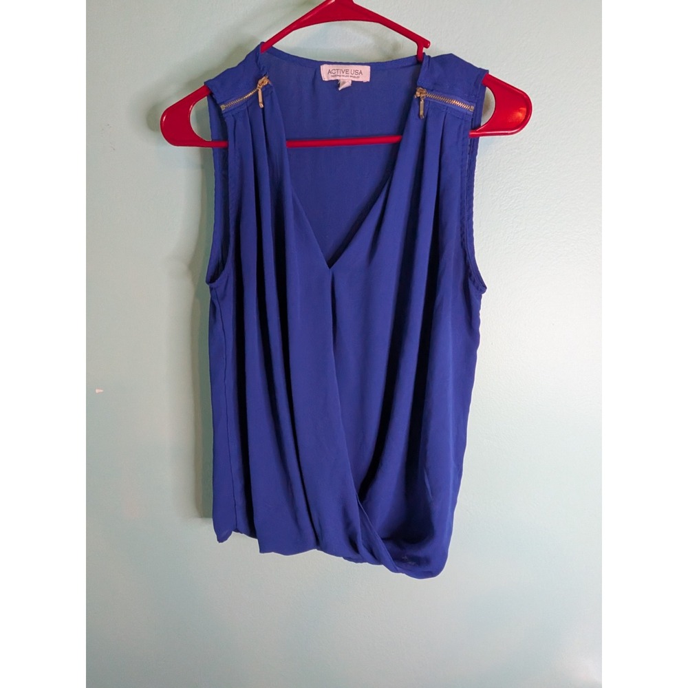 Active USA Women Royal Blue Draped Surplice V-Neck Sleeveless Blouse